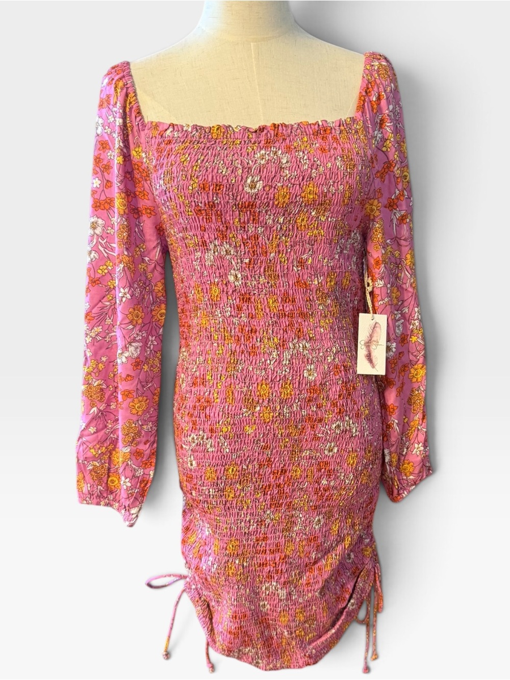 Jessica Simpson Pink Floral Smocked Bodycon Mini Dress Size Small NWT